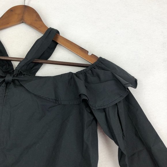 J.Crew Women's Size 8 Black Halter Cold Shoulder 3/4 Sleeve 100% Cotton Blouse - Picture 3 of 12